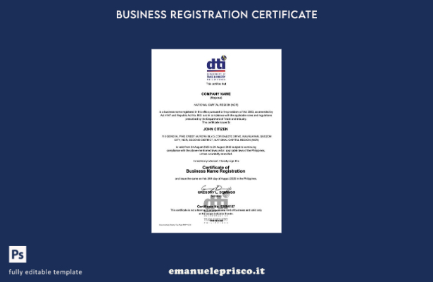 Certificato di registrazione della ragione sociale delle Filippine in stile ve 1